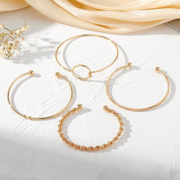 NWT Gold Bangle Bracelet Set Of 4 Stackable Cuff Bangles Thin Slim Boho Festival - Picture 4 of 7